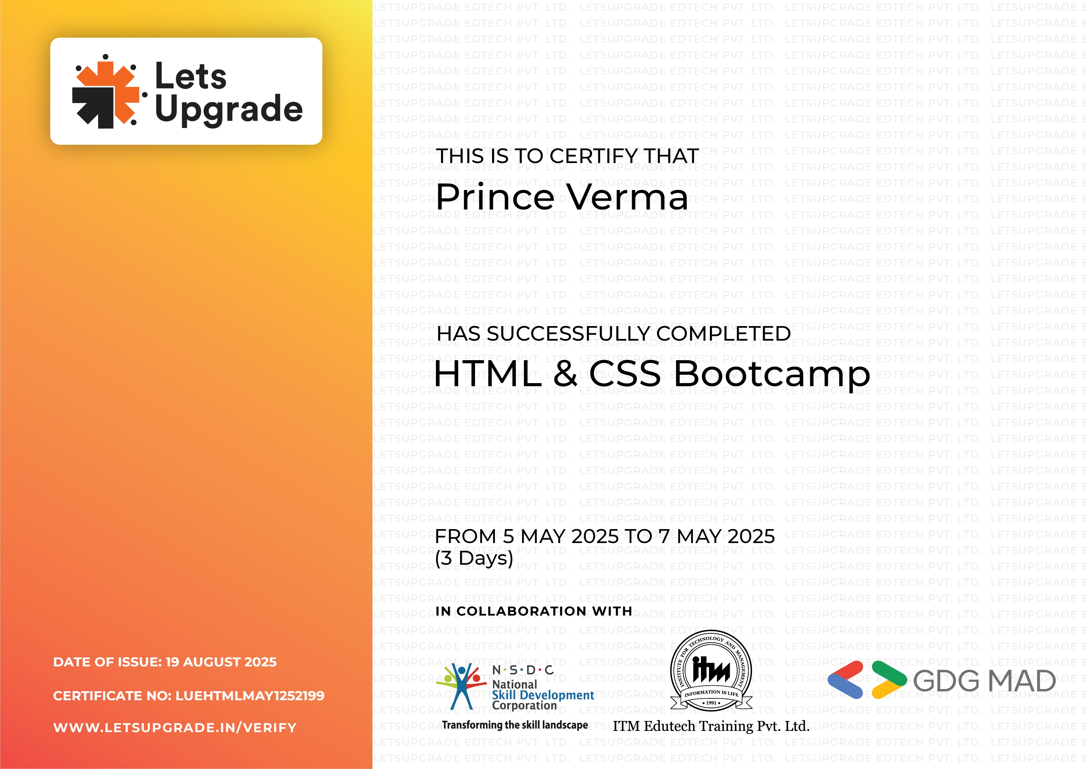 HTML & CSS Bootcamp Certificate